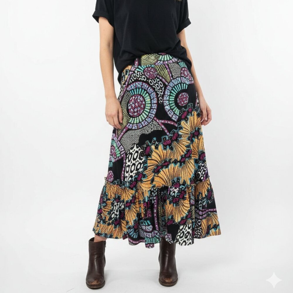 Bisou Bisou Skirt Indie Grunge Artsy Tiered Midi Hi-Low Black Purple XS